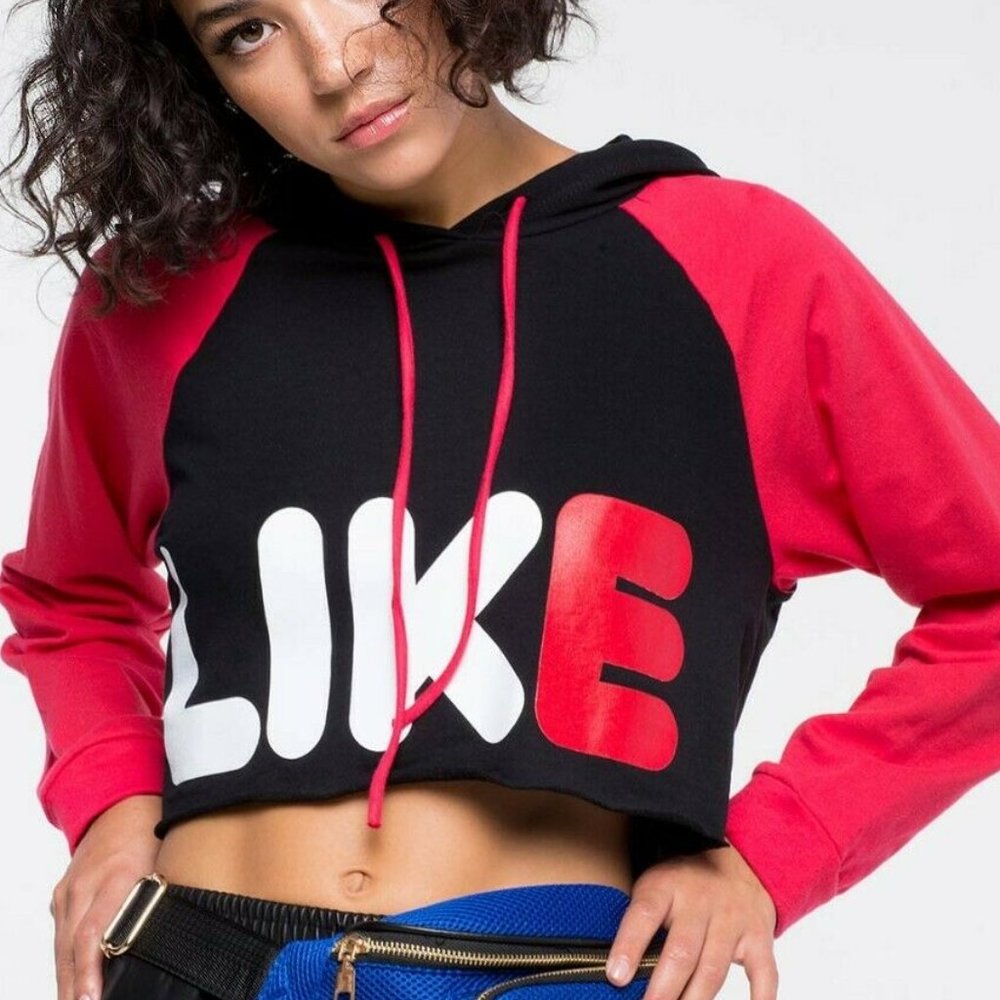 NEW Black/Red Cropped Hem Hooded Sweatshirt